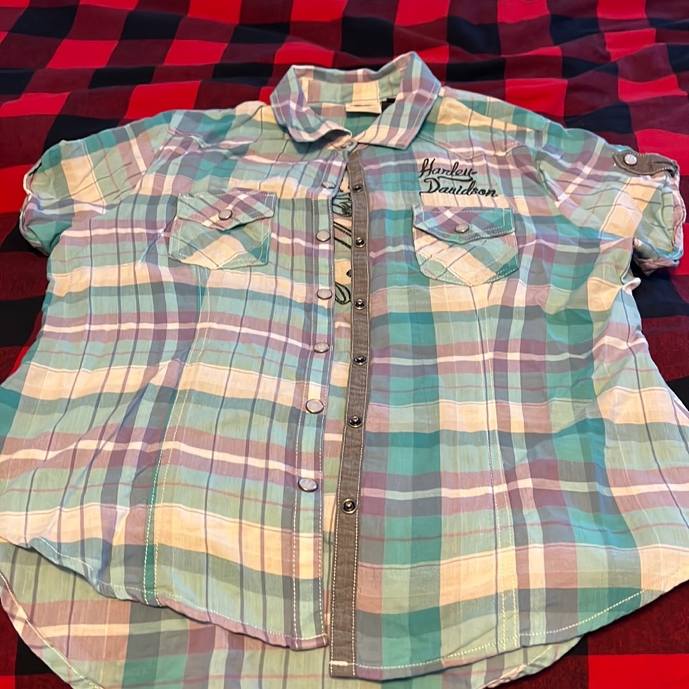 Harley Davidson purple and turquoise short sleeve shirt.  In great condition.